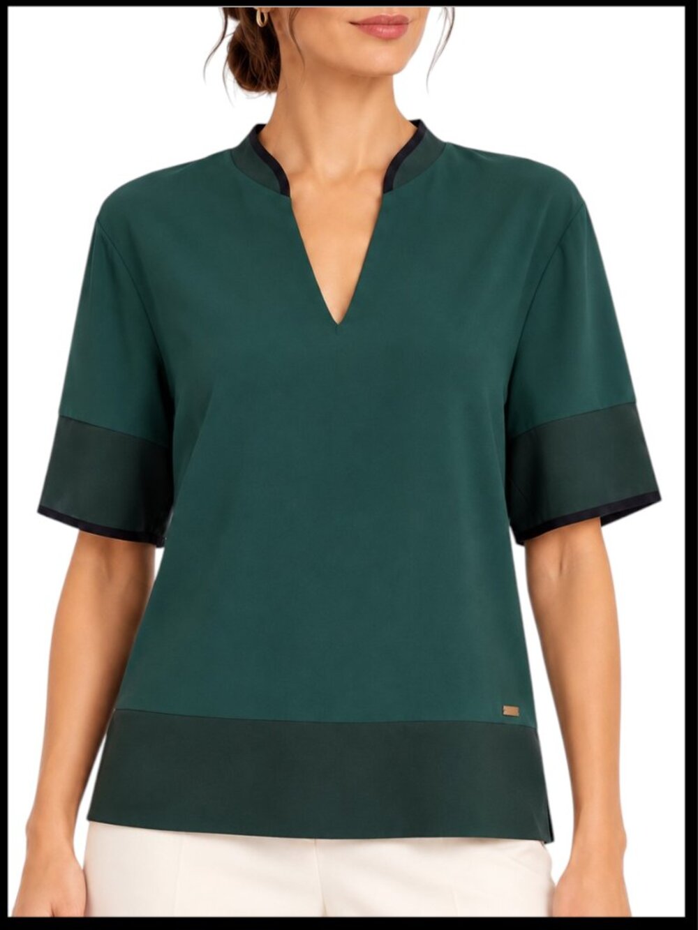 Ted Baker Split Neck Top Forest Green Navy Contrast Trim Size 1 US 4